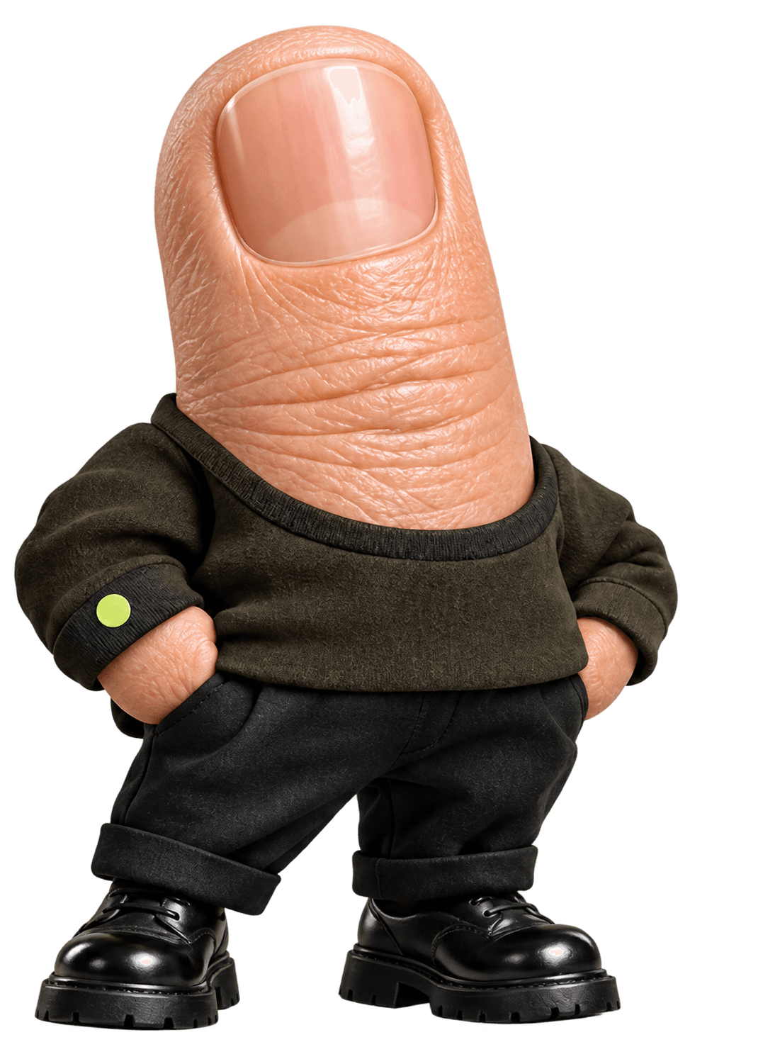 Thumb, the NOT YET character, standing beside the app.
