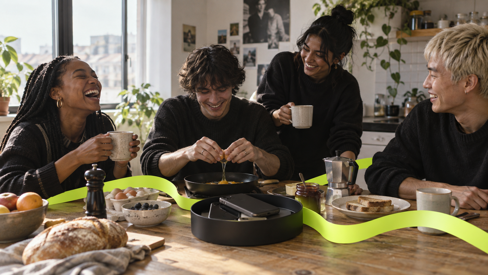 Friends laughing over breakfast together, phones face-down in a bowl