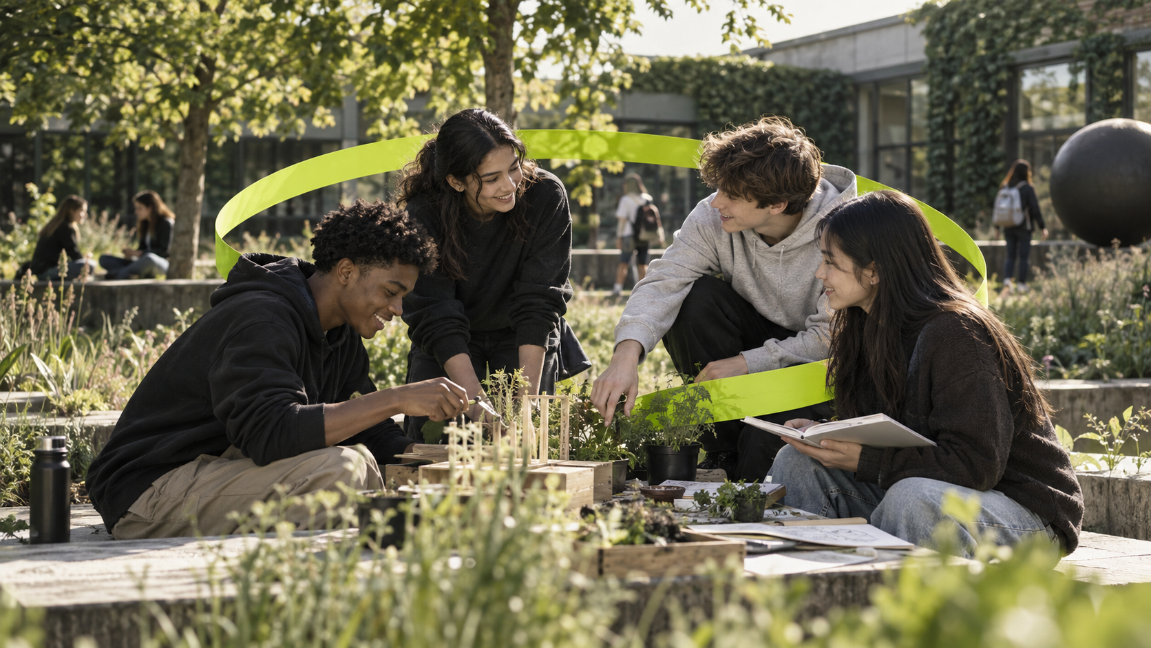Secondary school students working together on a planting project outdoors