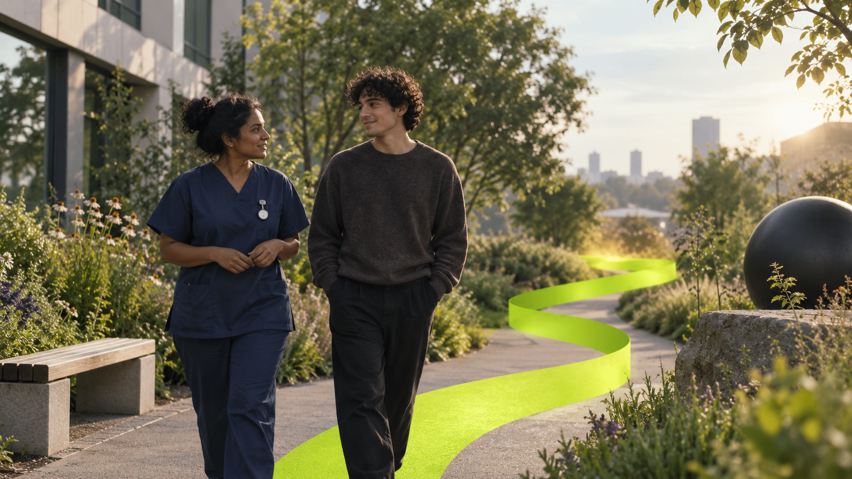 A clinician and a patient walking together through a hospital garden