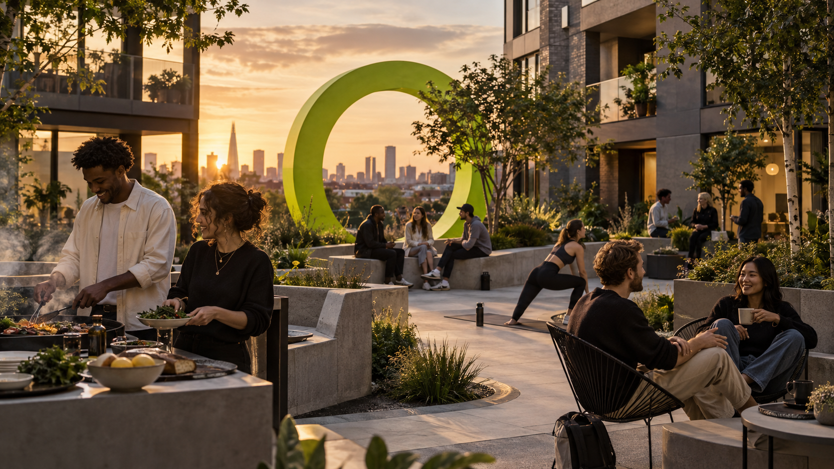 Residents cooking, talking and exercising together on a rooftop terrace at sunset