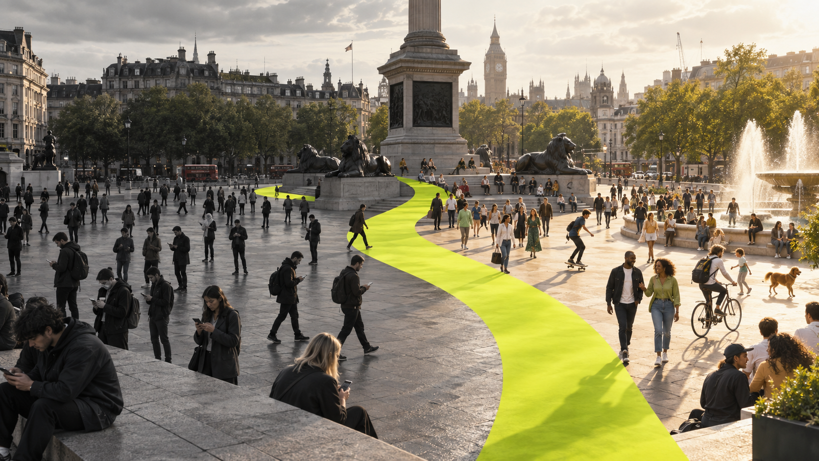 A city square divided: people looking at phones on one side, people talking and moving on the other
