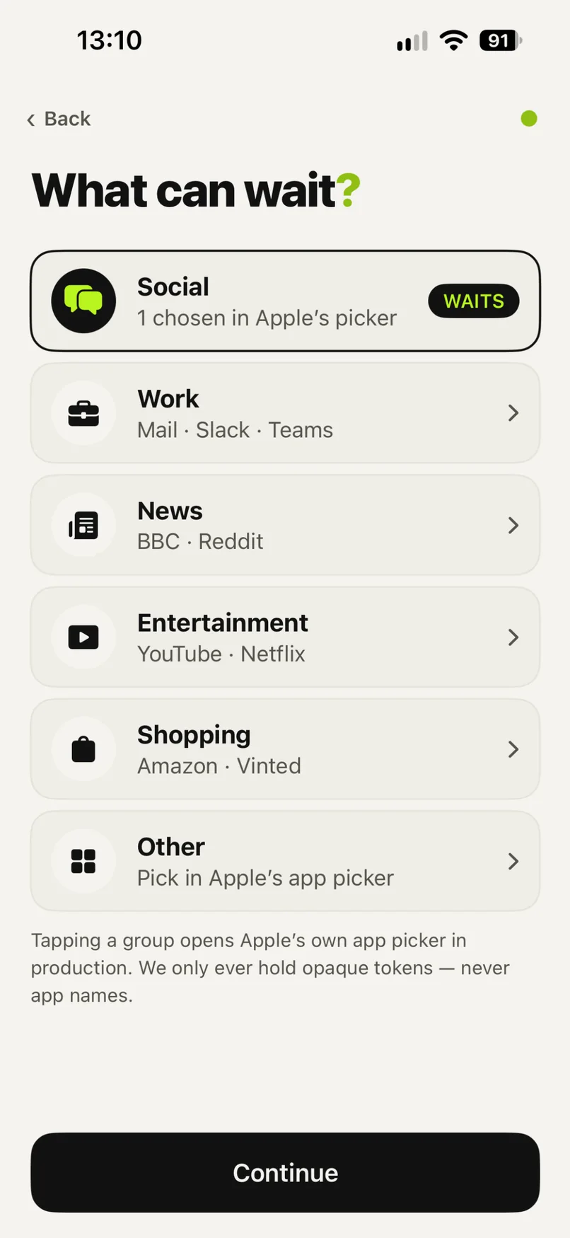 What can wait? Choosing which apps to block — Social, Work, News, Entertainment, Shopping or anything in Apple's picker