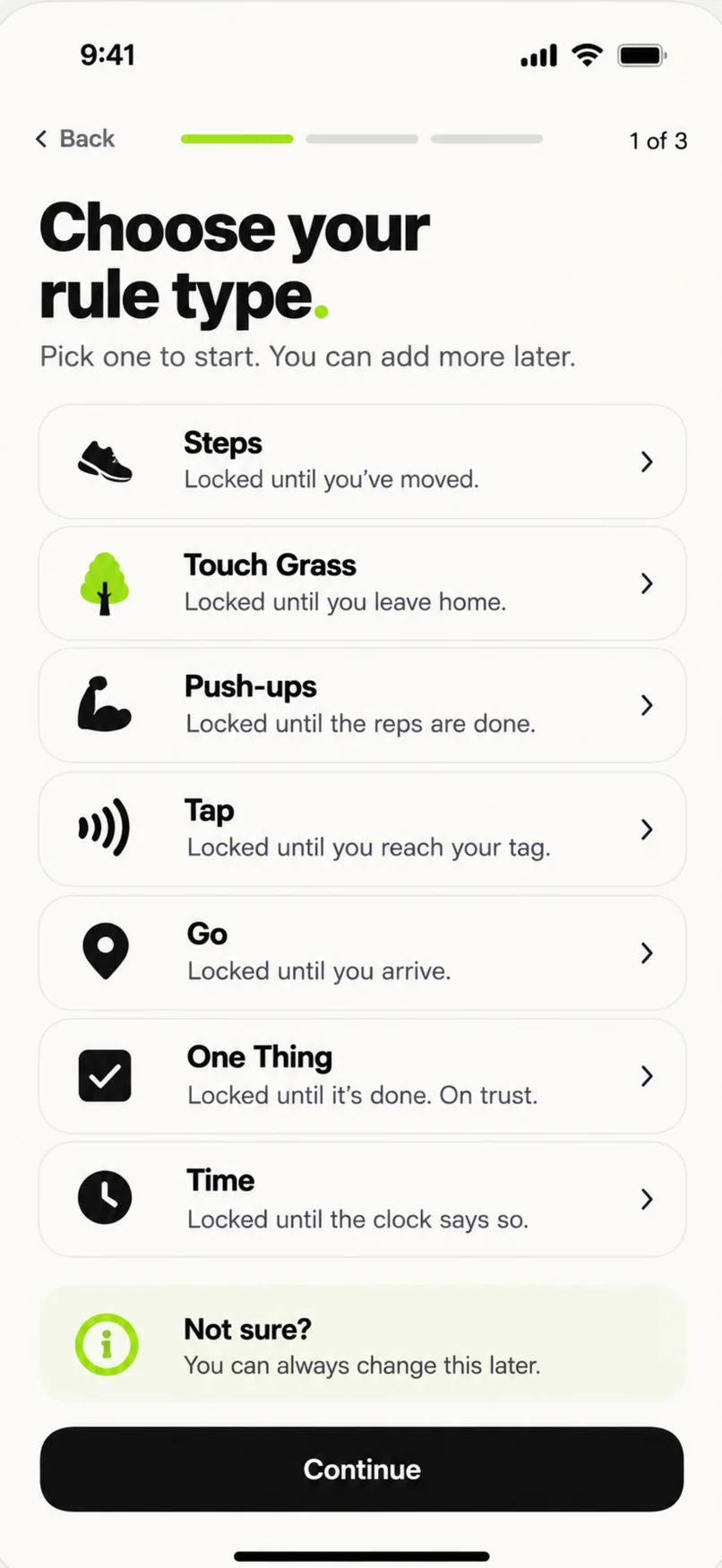 Choose your rule type — how you earn access back: Steps, Touch Grass, Push-ups, Tap, Go, One Thing or Time