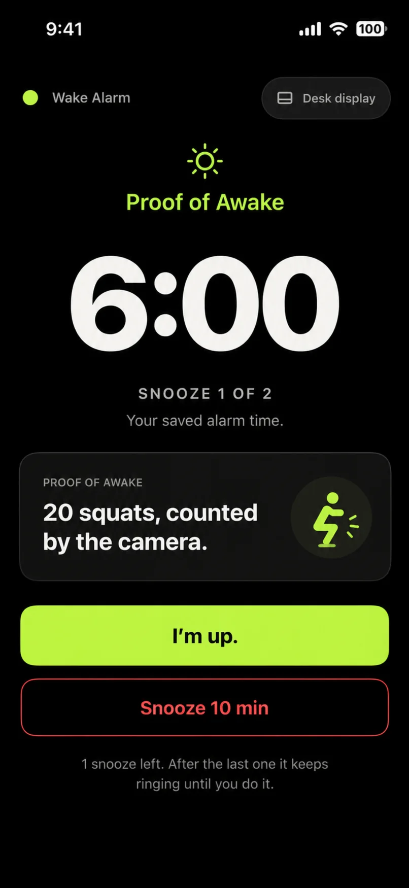 Wake Alarm — Proof of Awake at 6:00: 20 squats, counted by the camera