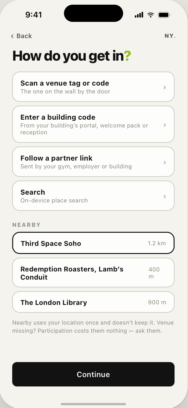 How do you get in — scan a venue tag, enter a building code, follow a partner link or search