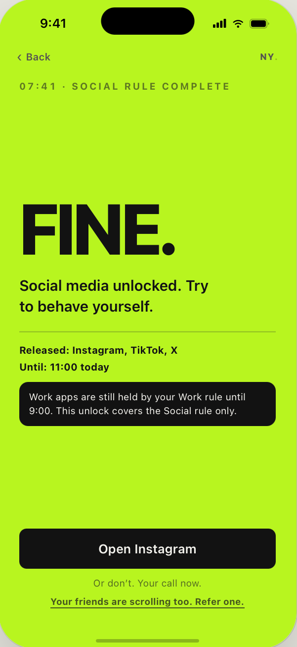 FINE — social media unlocked, work apps still held by another rule
