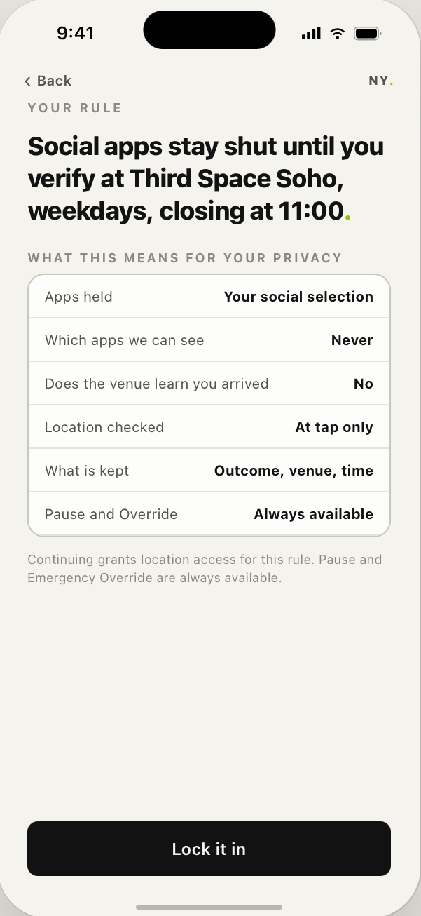 Your rule — social apps stay shut until you verify, with a privacy table