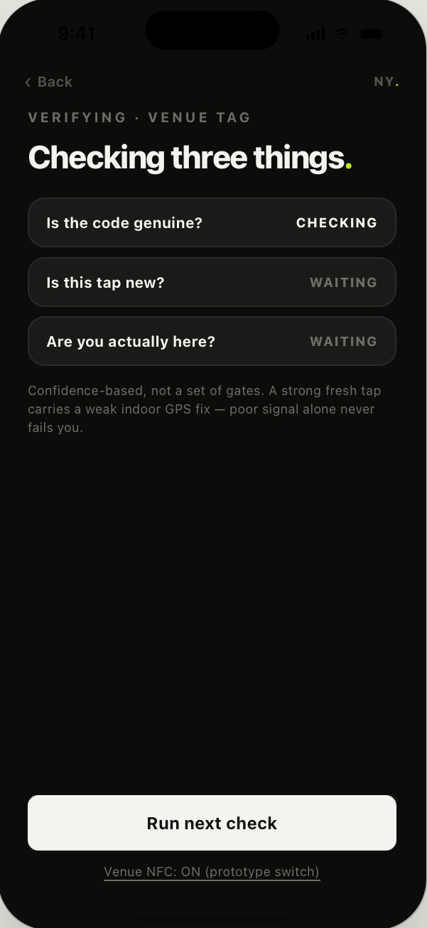 Verifying — checking the code is genuine, the tap is new, and the customer is present
