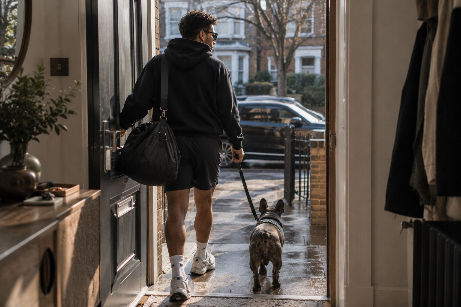 Heading out the front door with a gym bag and a French bulldog